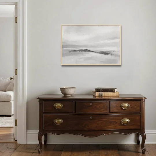 Large Black and White Charcoal Ridge in White Mist - Oak Framed Canvas Wall Art - Coffee Table - 36x24