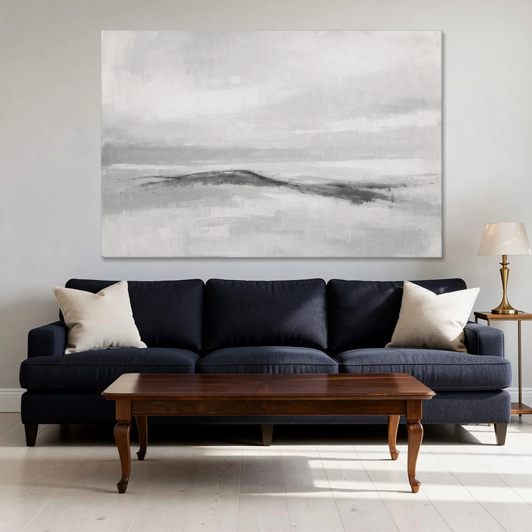 Large Black and White Charcoal Ridge in White Mist - Canvas Wall Art - Sofa - 60x40