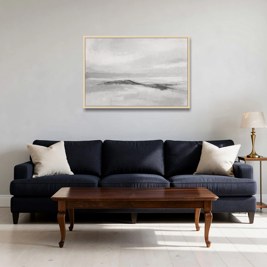 Large Black and White Charcoal Ridge in White Mist - Oak Framed Canvas Wall Art - Sofa - 36x24