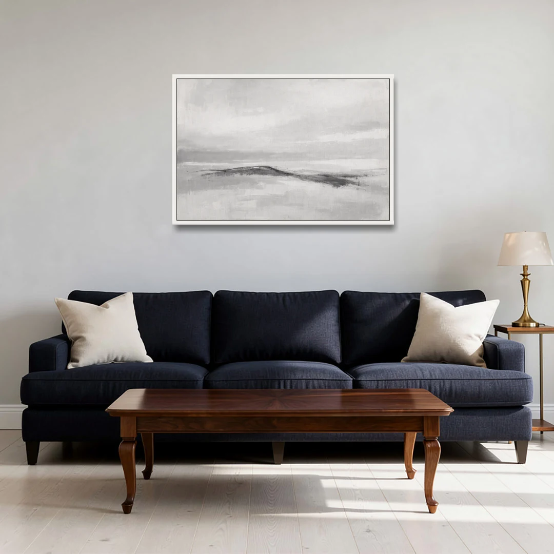 Large Black and White Charcoal Ridge in White Mist - White Framed Canvas Wall Art - Sofa - 36x24