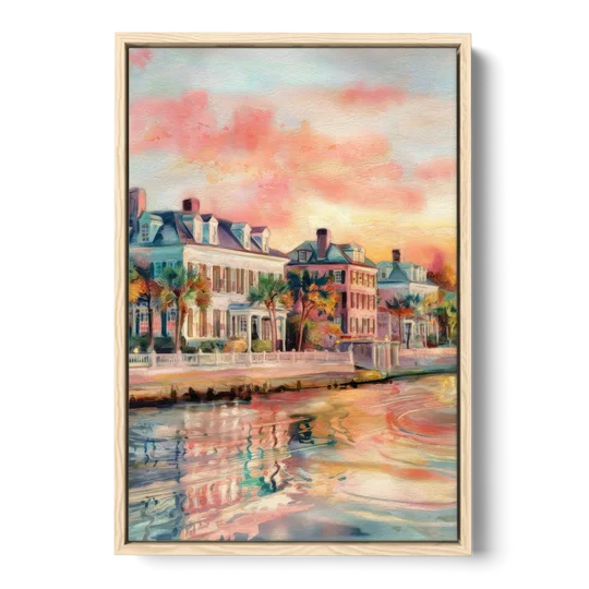 Charleston Battery District - Oak Framed Canvas Wall Art - Front