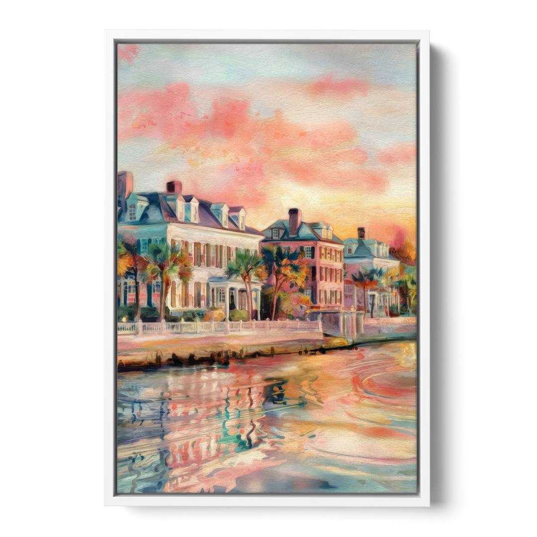 Charleston Battery District - White Framed Canvas Wall Art - Front
