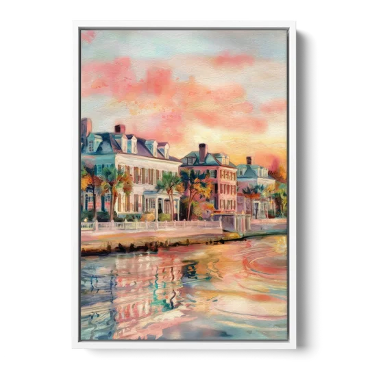 Charleston Battery District - White Framed Canvas Wall Art - Front