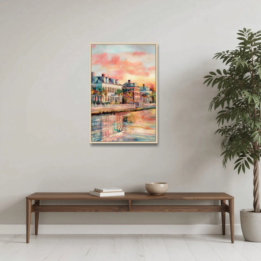 Charleston Battery District - Oak Framed Canvas Wall Art - Coffee Table - 24x36