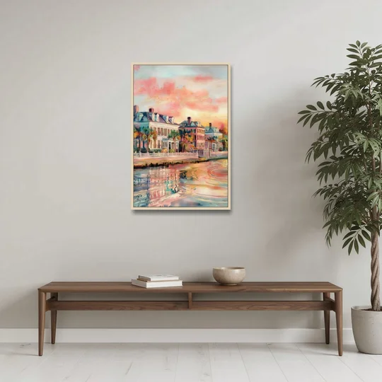 Charleston Battery District - Oak Framed Canvas Wall Art - Coffee Table - 24x36