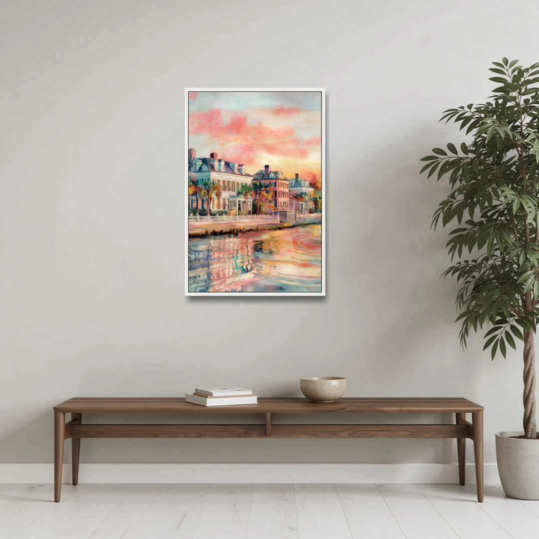 Charleston Battery District - White Framed Canvas Wall Art - Coffee Table - 24x36