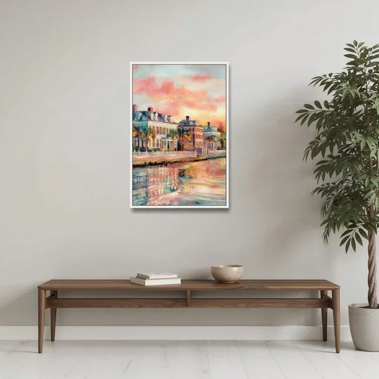 Charleston Battery District - White Framed Canvas Wall Art - Coffee Table - 24x36