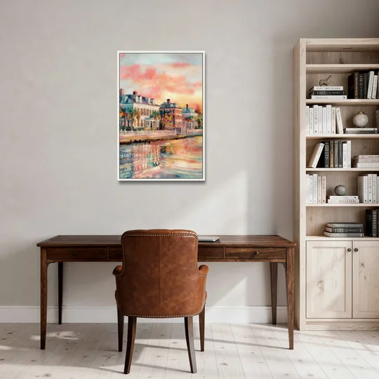 Charleston Battery District - White Framed Canvas Wall Art - Office - 24x36