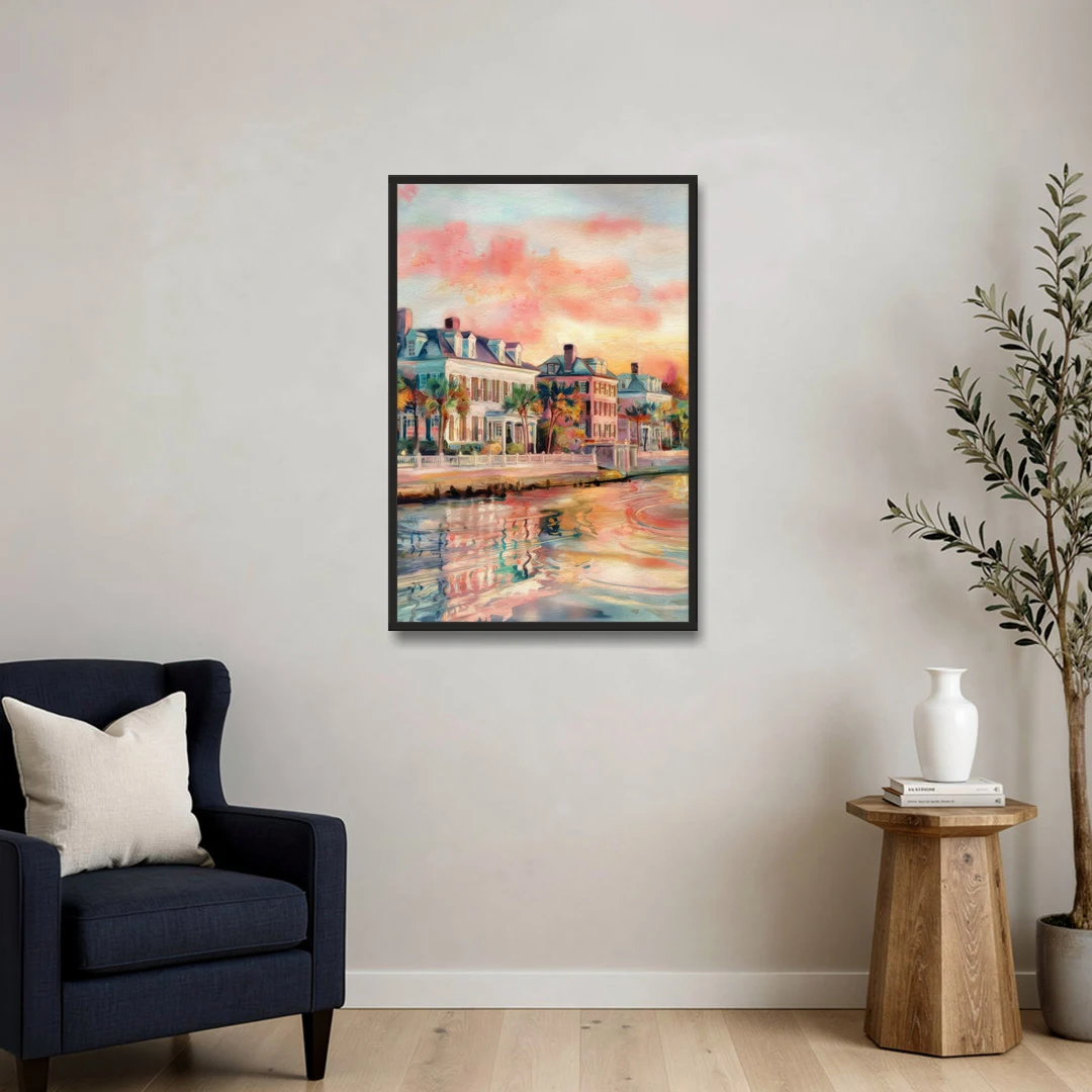 Charleston Battery District - Black Framed Canvas Wall Art - Sofa - 24x36