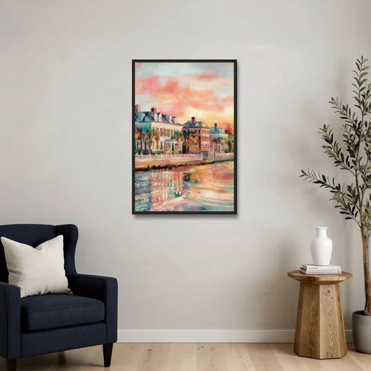 Charleston Battery District - Black Framed Canvas Wall Art - Sofa - 24x36