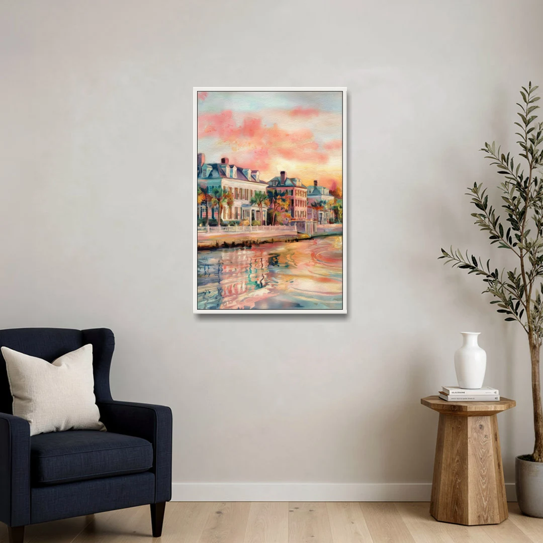 Charleston Battery District - White Framed Canvas Wall Art - Sofa - 24x36