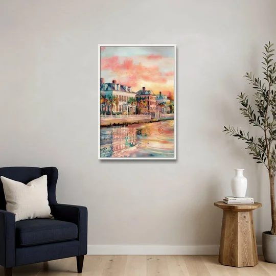 Charleston Battery District - White Framed Canvas Wall Art - Sofa - 24x36