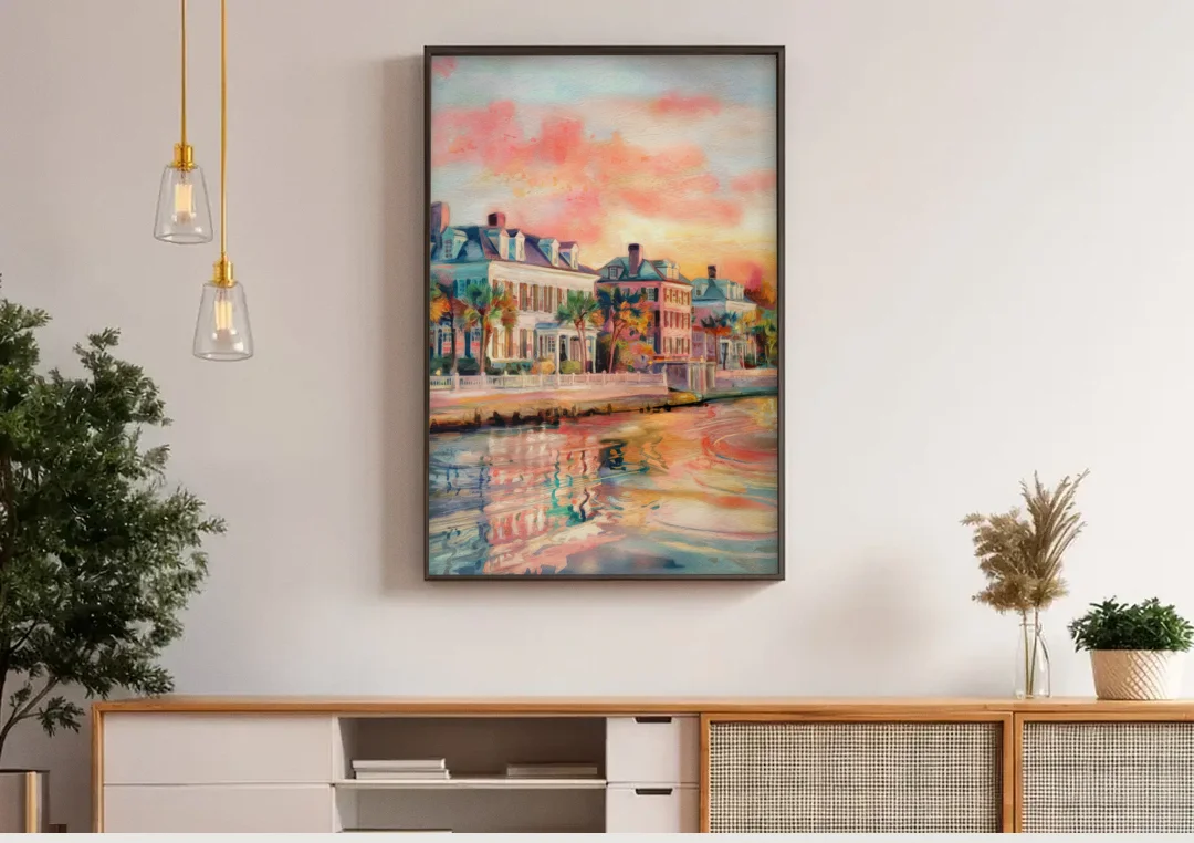 Charleston Battery District canvas wall art above a wooden sideboard under pendant lights