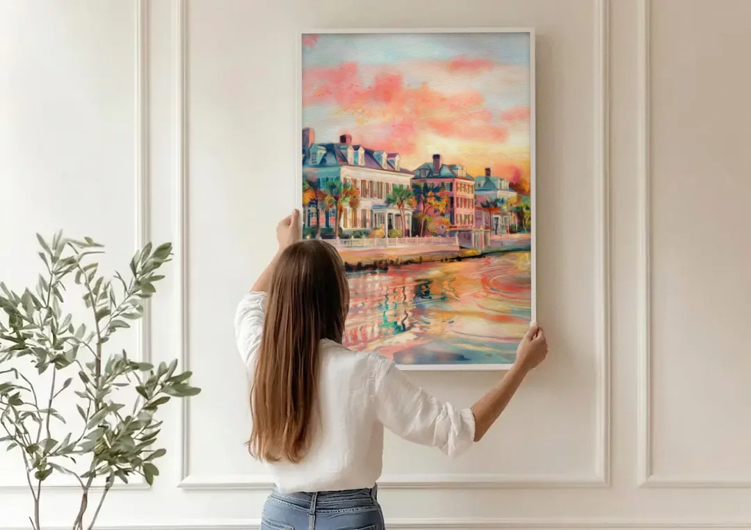 Charleston Battery District canvas wall art being hung on a paneled wall