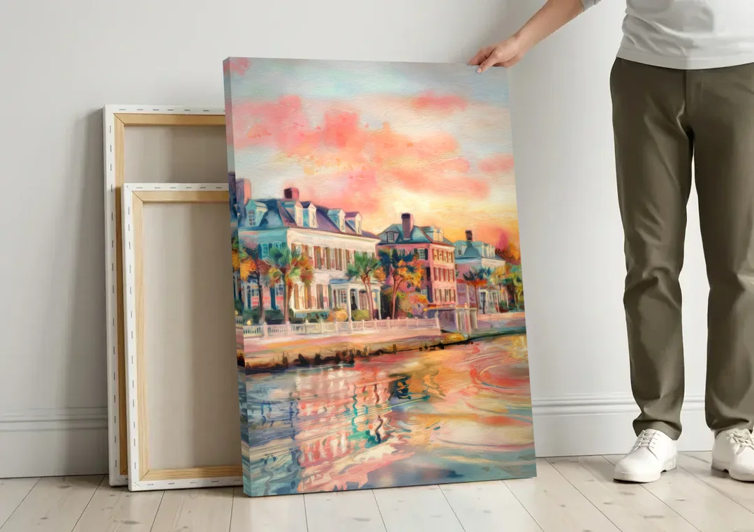 Charleston Battery District canvas wall art leaning against a wall next to blank canvases