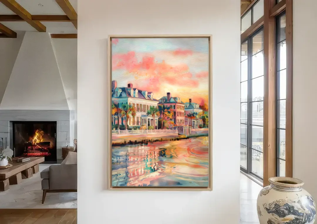 Charleston Battery District canvas wall art in a living room with a fireplace