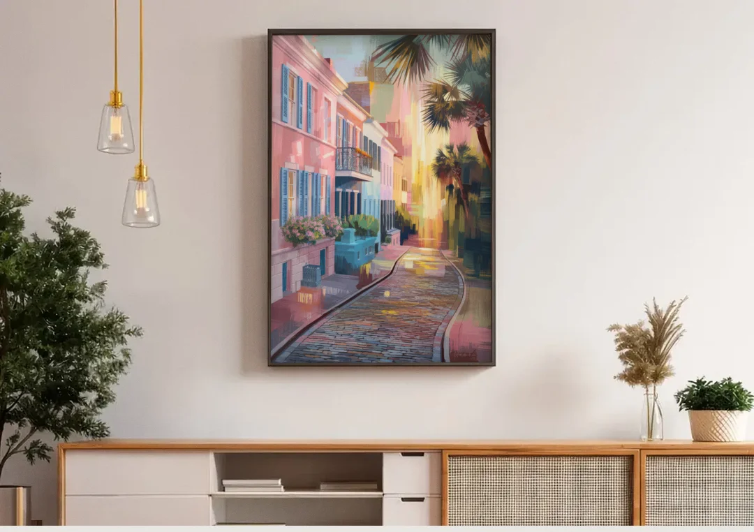 Charleston Cobblestone Streets canvas wall art above a wooden sideboard under pendant lights