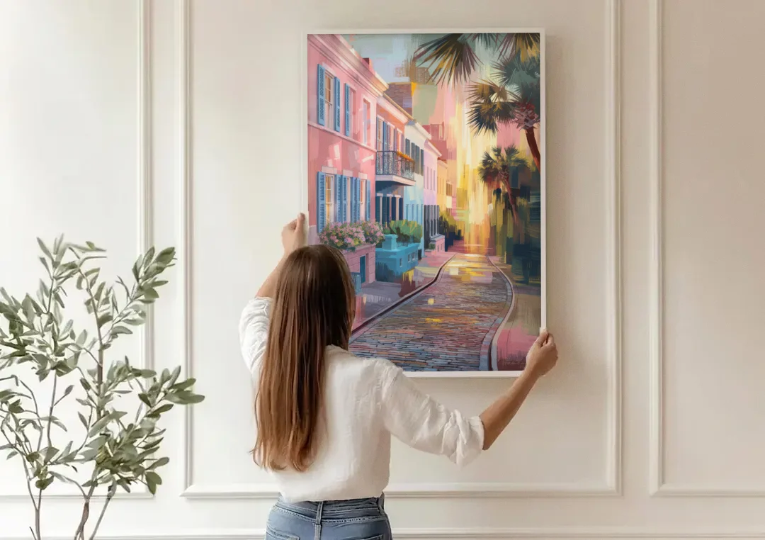 Charleston Cobblestone Streets canvas wall art being hung on a paneled wall