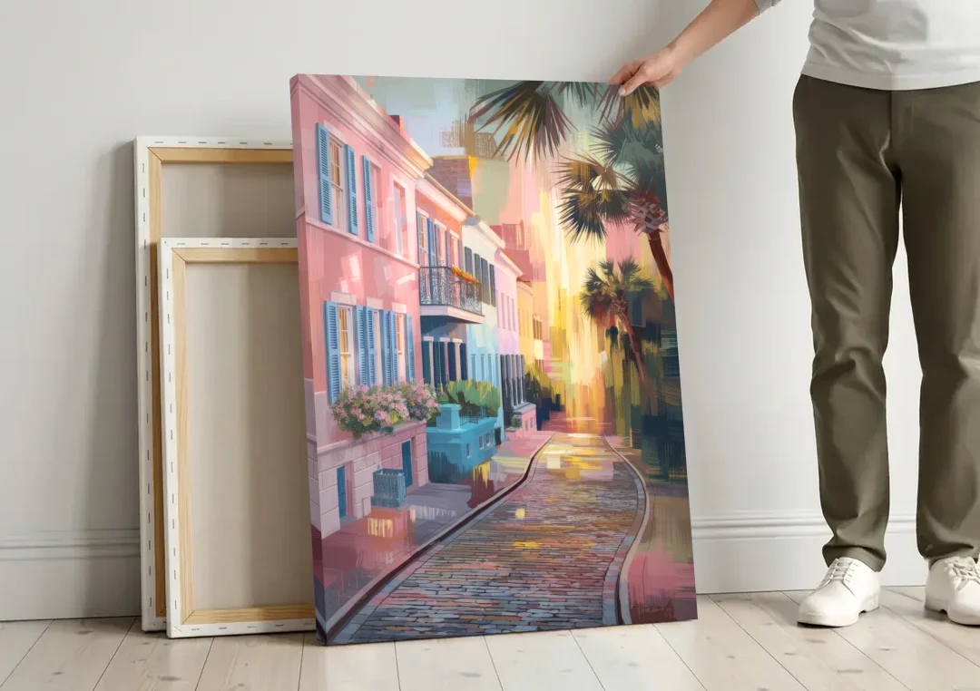 Charleston Cobblestone Streets canvas wall art leaning against a wall next to blank canvases