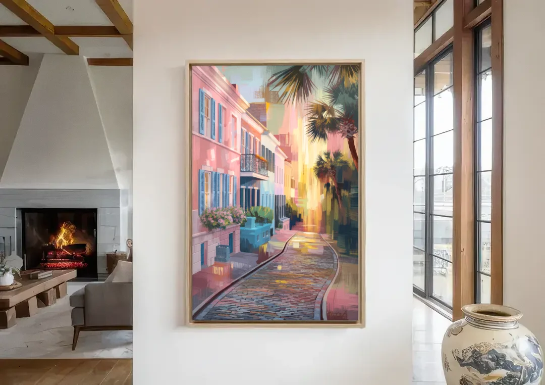 Charleston Cobblestone Streets canvas wall art in a living room with a fireplace