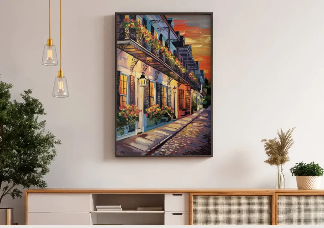 Charleston French Quarter canvas wall art above a wooden sideboard under pendant lights