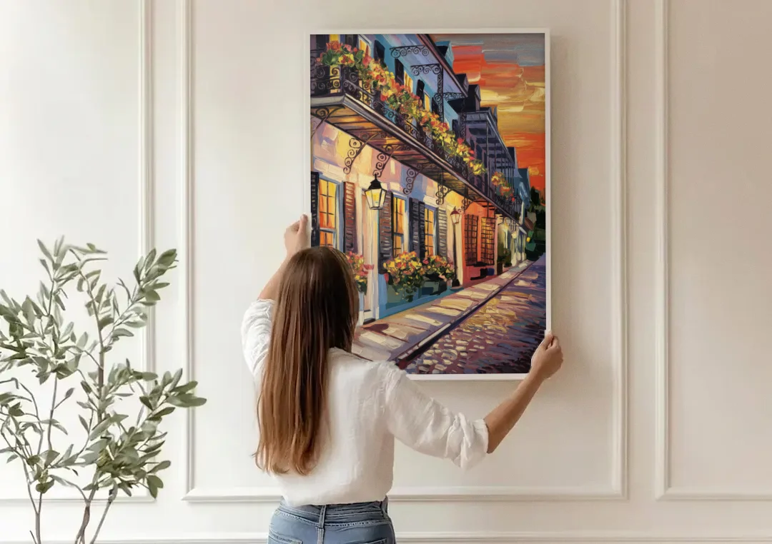 Charleston French Quarter canvas wall art being hung on a paneled wall
