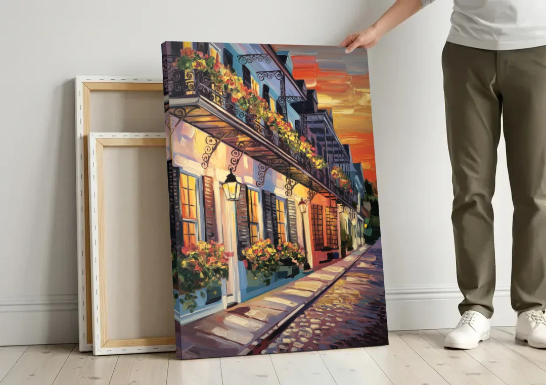 Charleston French Quarter canvas wall art leaning against a wall next to blank canvases