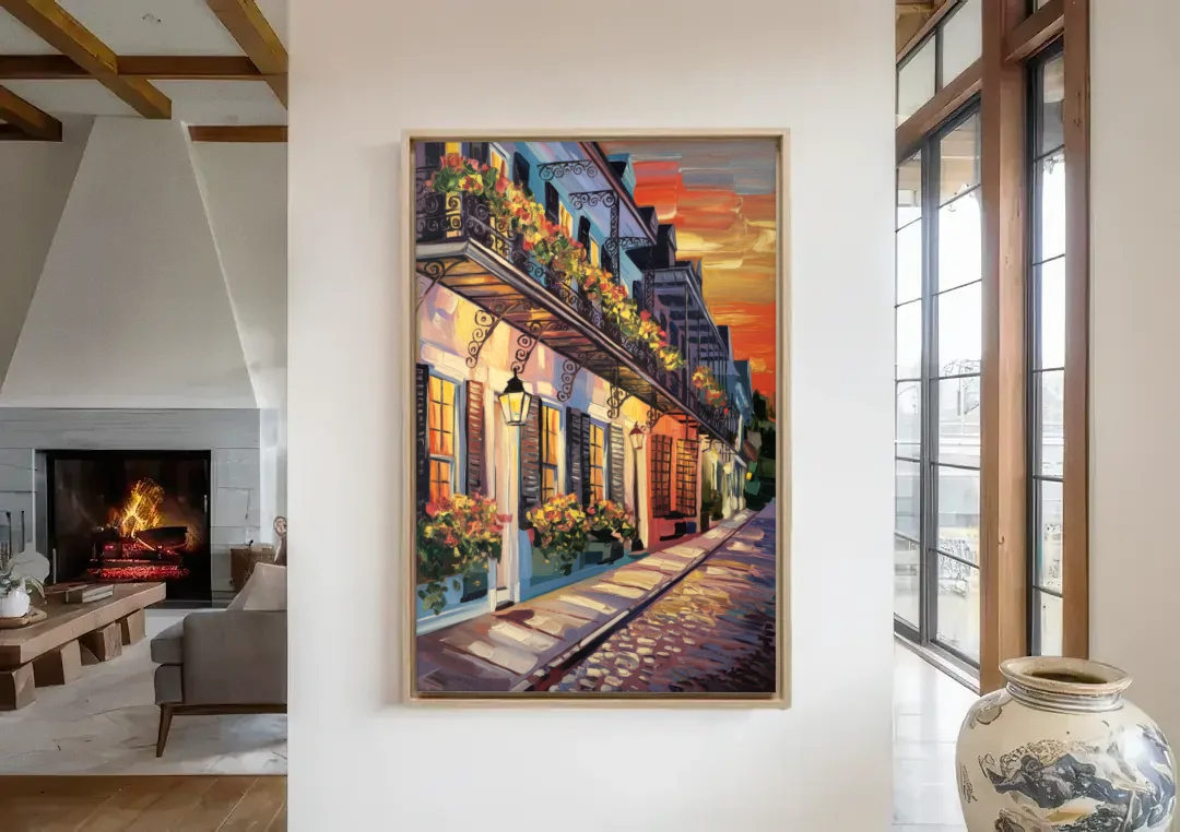 Charleston French Quarter canvas wall art in a living room with a fireplace
