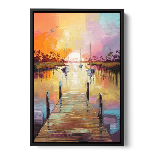 Charleston Harbor at Sunset - Black Framed Canvas Wall Art - Front
