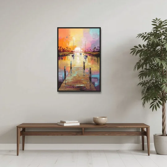 Charleston Harbor at Sunset - Black Framed Canvas Wall Art - Coffee Table - 24x36