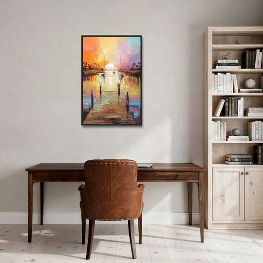 Charleston Harbor at Sunset - Black Framed Canvas Wall Art - Office - 24x36