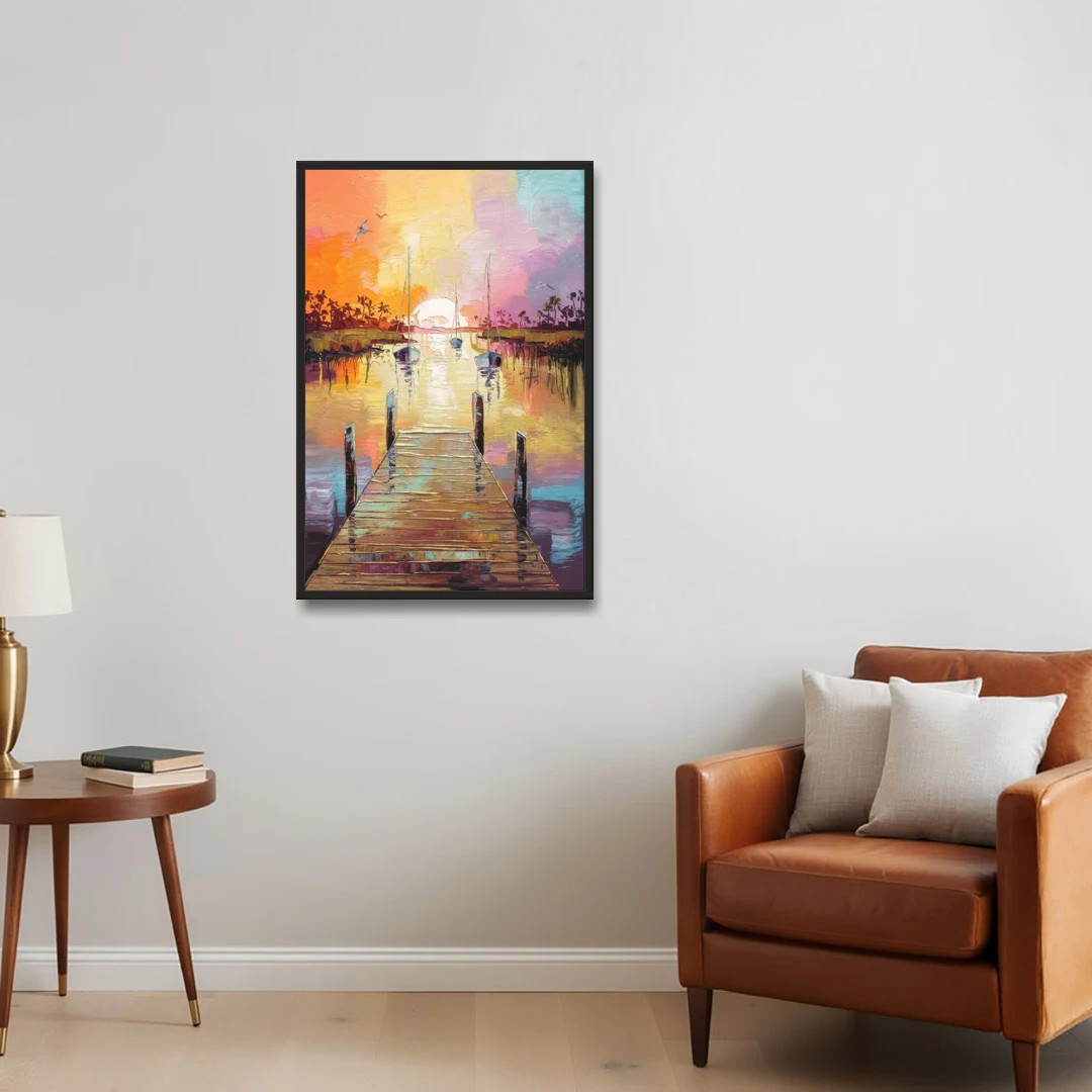 Charleston Harbor at Sunset - Black Framed Canvas Wall Art - Sofa - 24x36