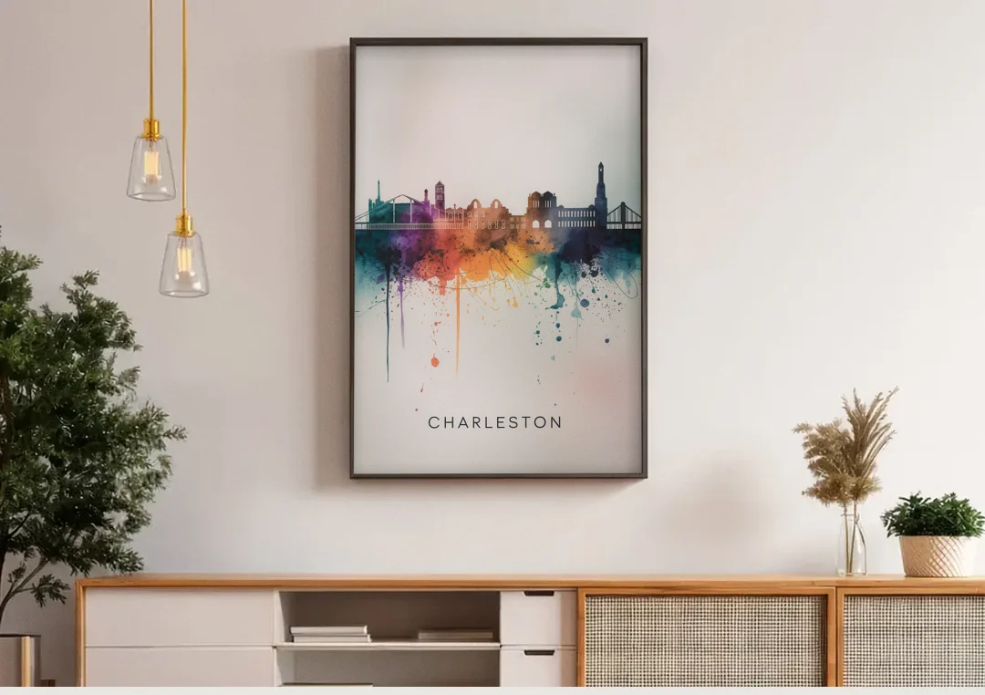 Charleston Historic Skyline canvas wall art above a wooden sideboard under pendant lights