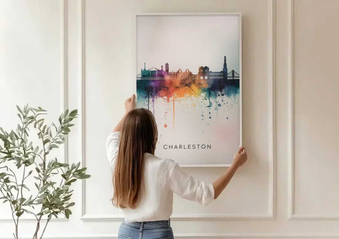 Charleston Historic Skyline canvas wall art being hung on a paneled wall