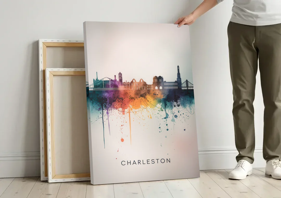 Charleston Historic Skyline canvas wall art leaning against a wall next to blank canvases