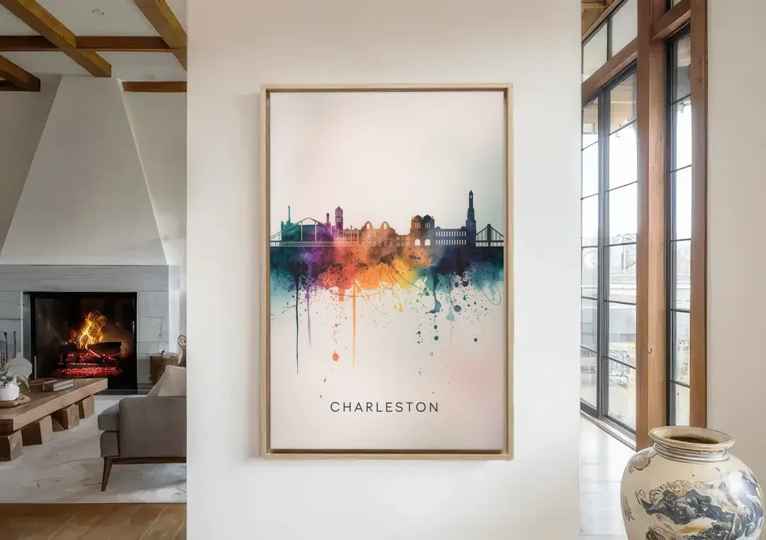 Charleston Historic Skyline canvas wall art in a living room with a fireplace