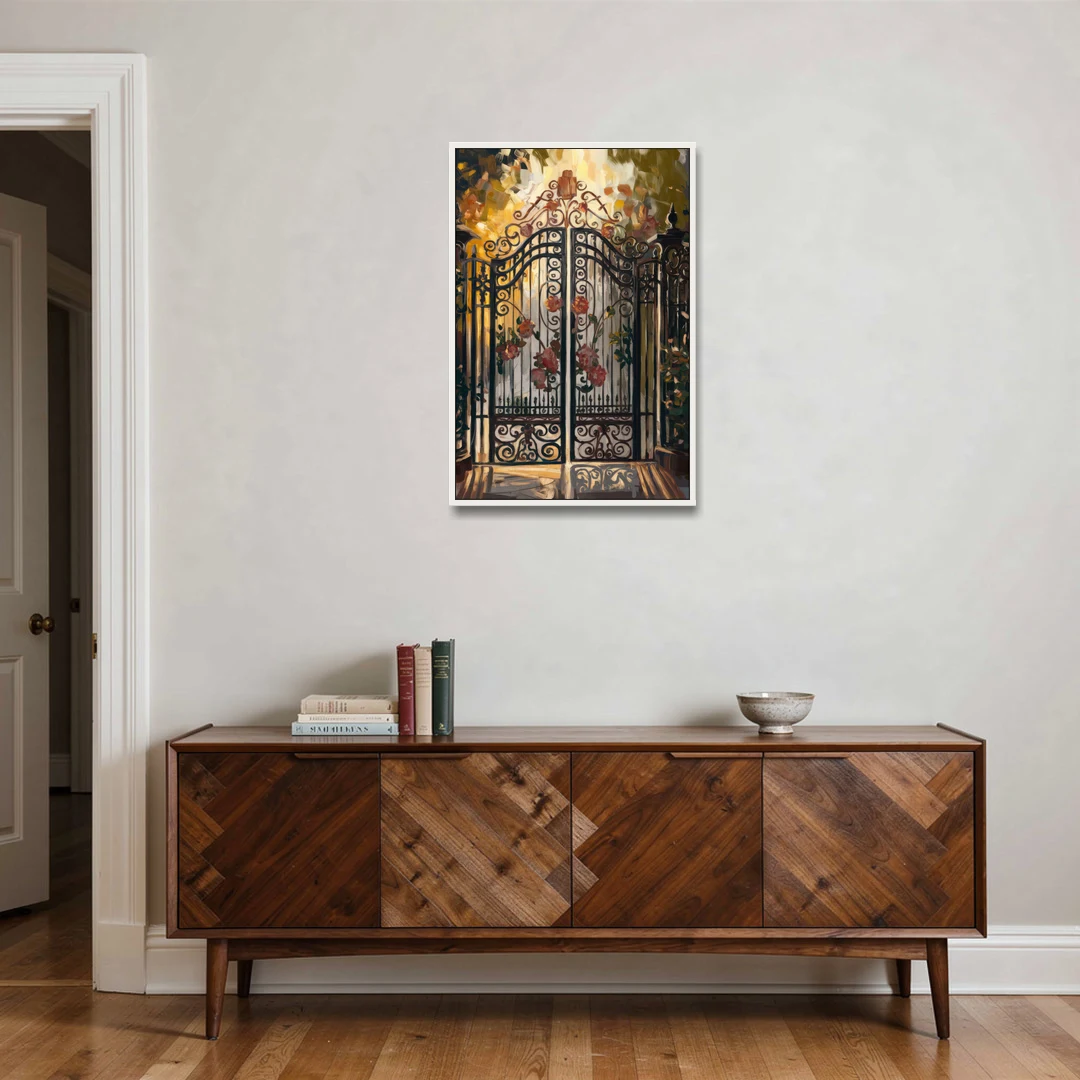 Charleston Iconic Gates - White Framed Canvas Wall Art - Coffee Table - 24x36