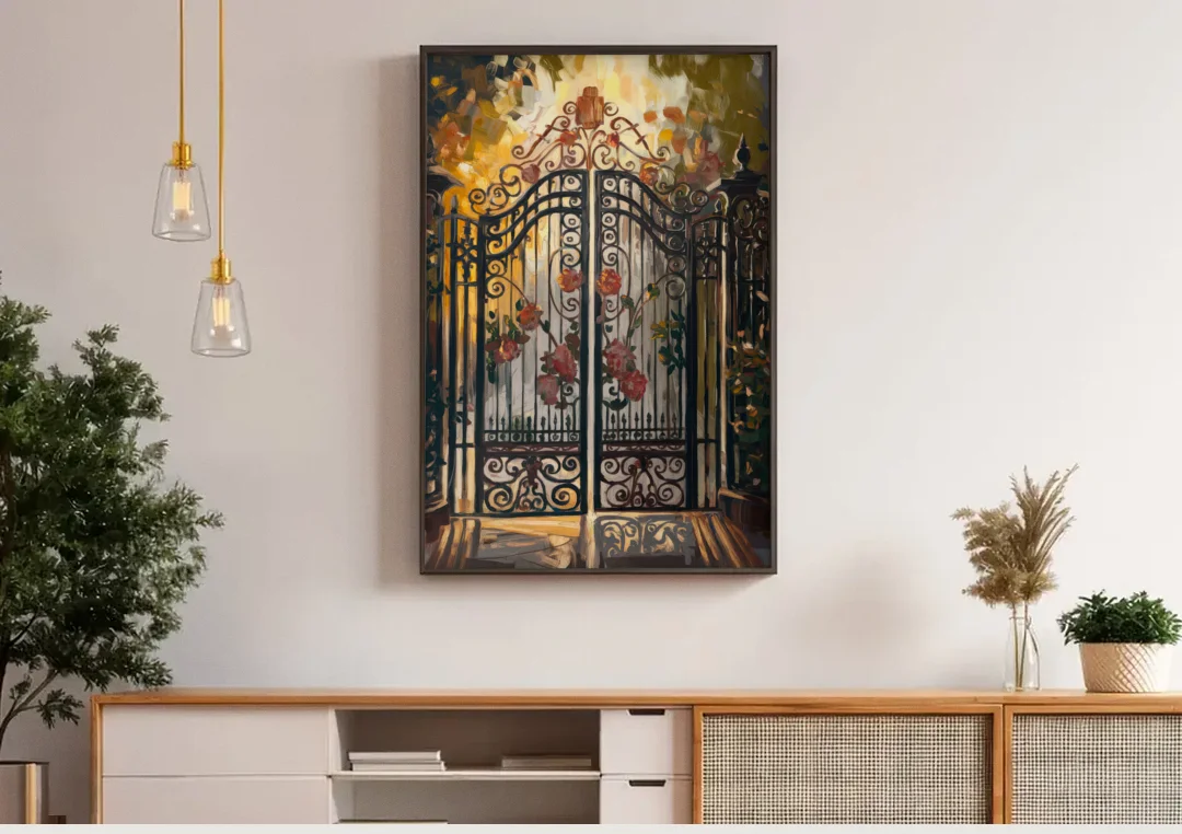 Charleston Iconic Gates canvas wall art above a wooden sideboard under pendant lights