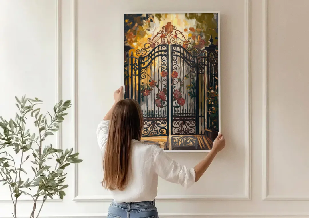 Charleston Iconic Gates canvas wall art being hung on a paneled wall