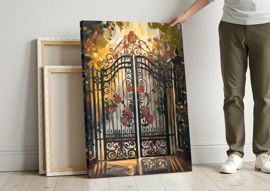 Charleston Iconic Gates canvas wall art leaning against a wall next to blank canvases