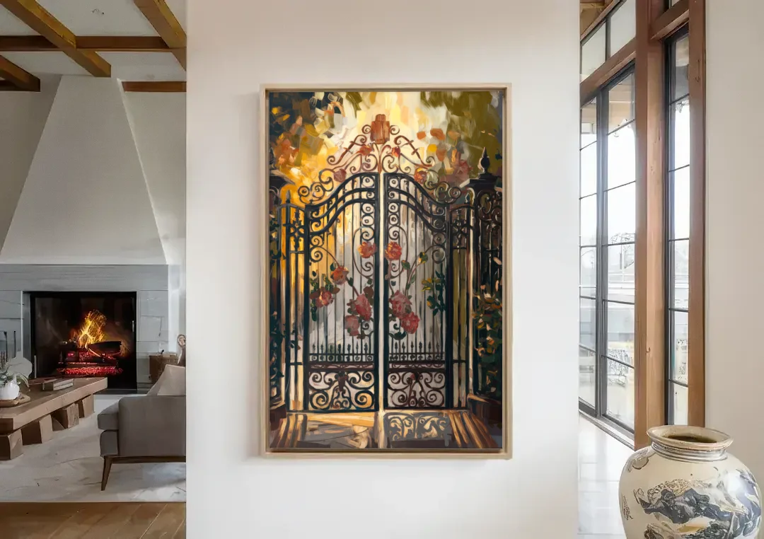 Charleston Iconic Gates canvas wall art in a living room with a fireplace