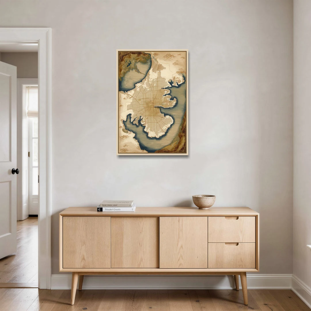 Charleston Map Design - Oak Framed Canvas Wall Art - Coffee Table - 24x36