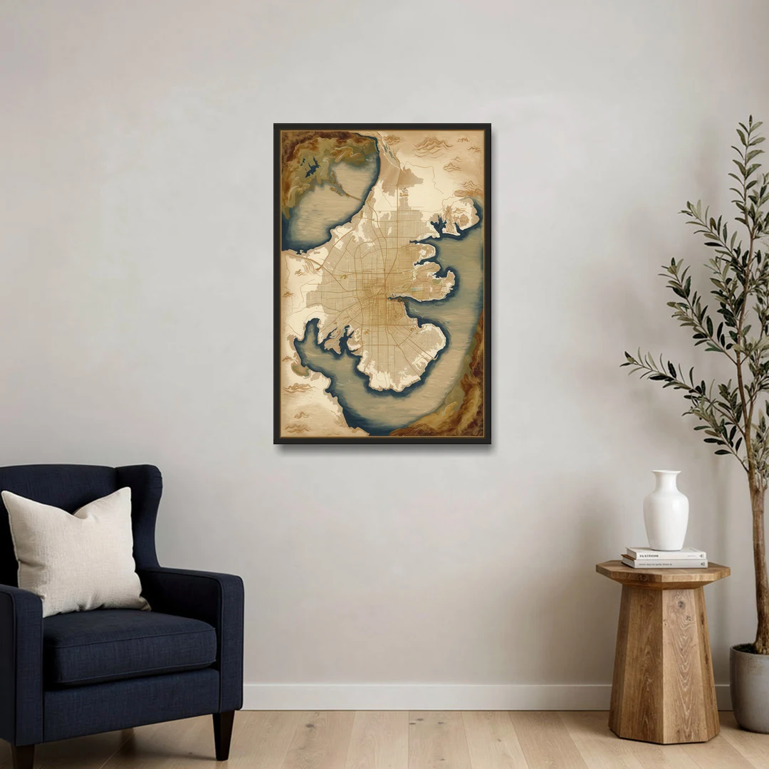 Charleston Map Design - Black Framed Canvas Wall Art - Sofa - 24x36
