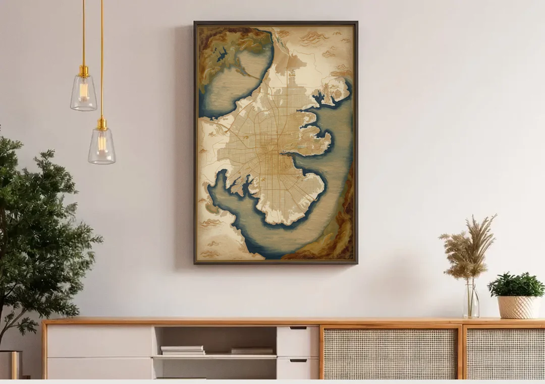 Charleston Map Design canvas wall art above a wooden sideboard under pendant lights