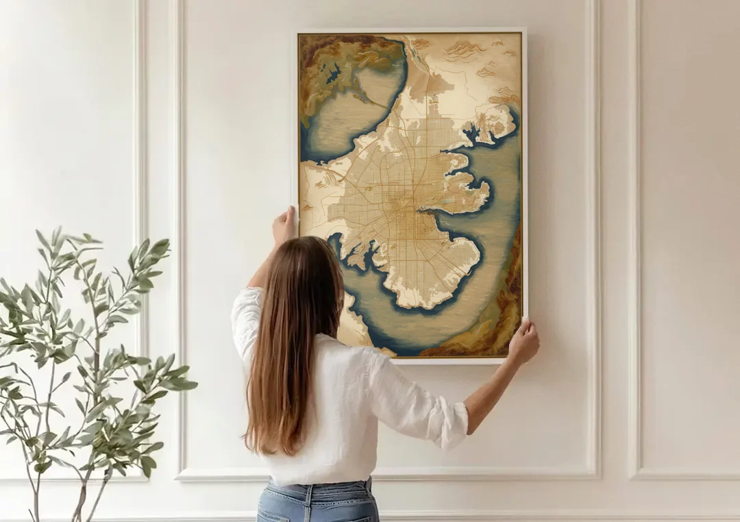 Charleston Map Design canvas wall art being hung on a paneled wall