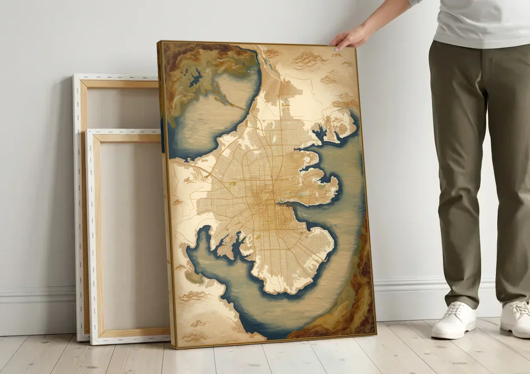 Charleston Map Design canvas wall art leaning against a wall next to blank canvases