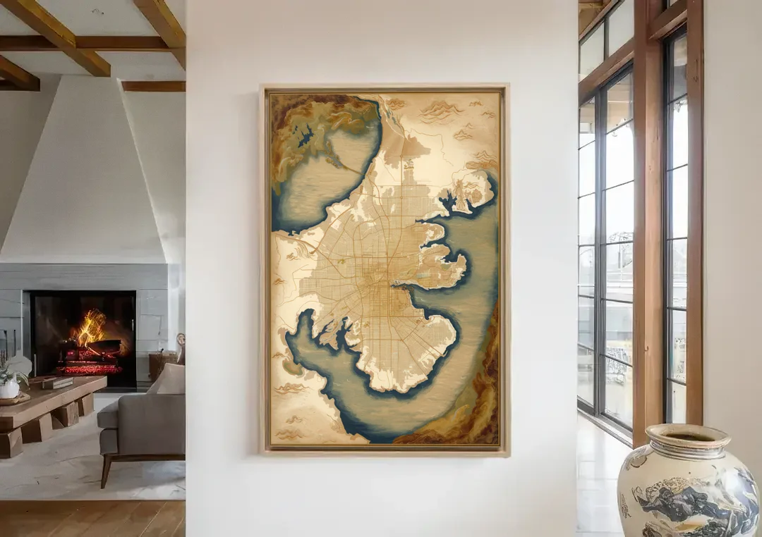 Charleston Map Design canvas wall art in a living room with a fireplace