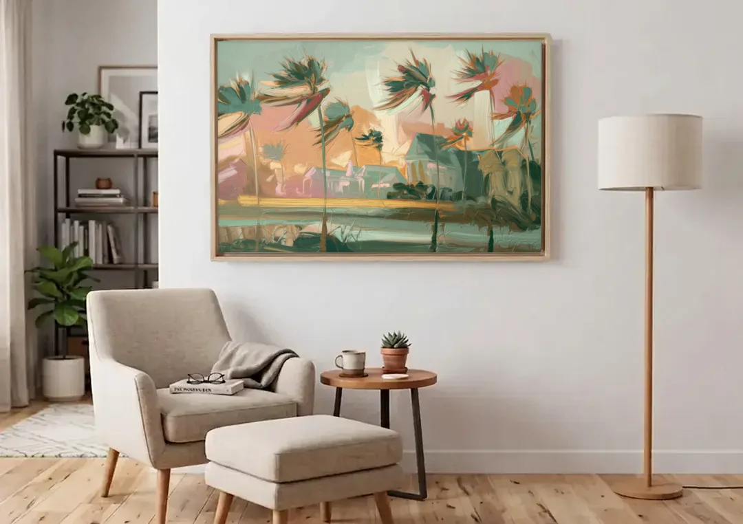 Charleston Palmetto Trees canvas wall art above an armchair in a bright living room
