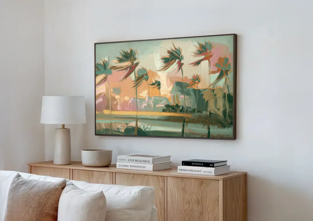 Charleston Palmetto Trees canvas wall art above a wooden sideboard next to a sofa