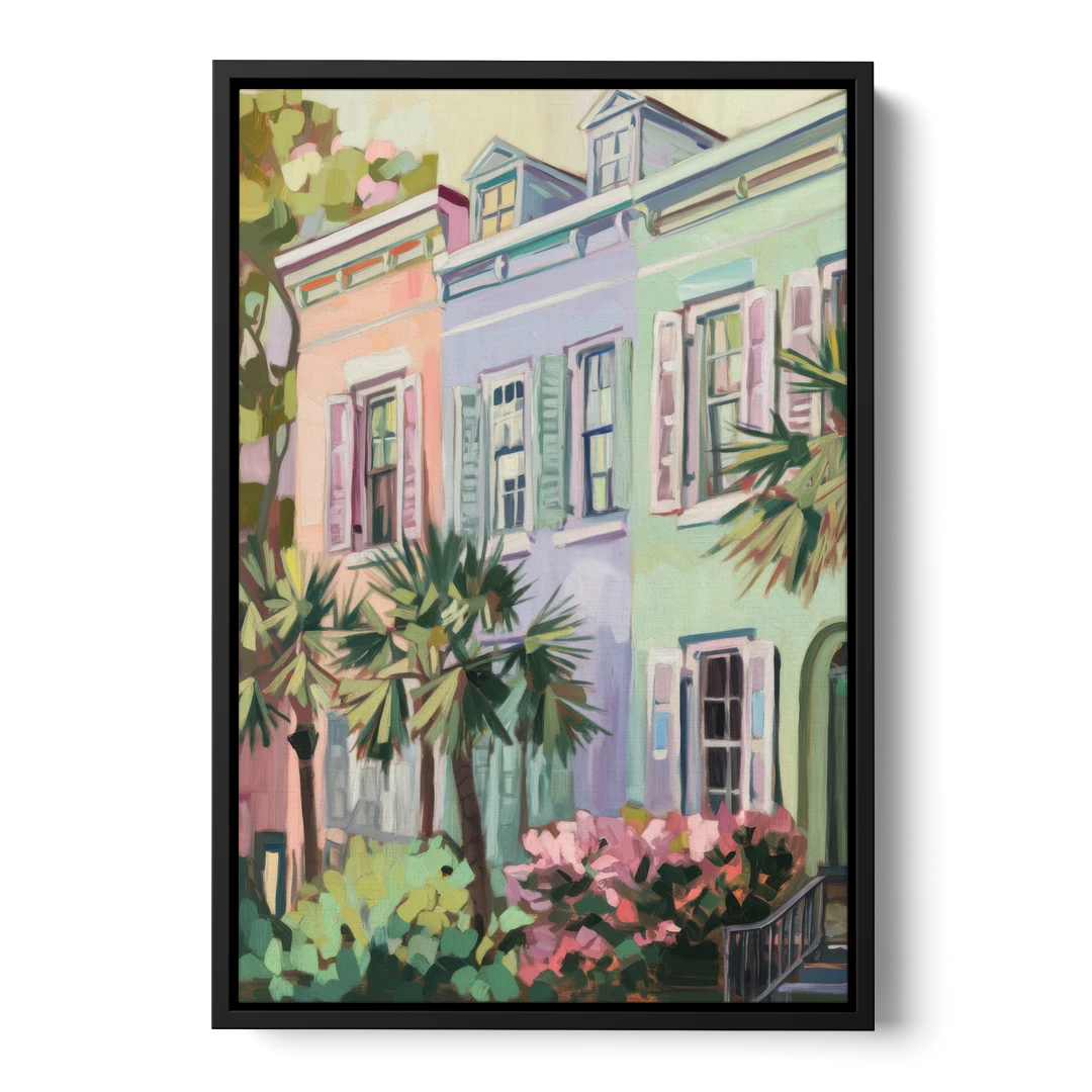 Charleston Rainbow Row - Black Framed Canvas Wall Art - Front